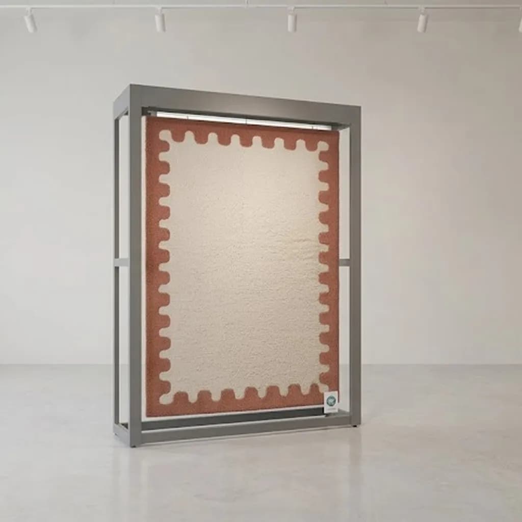 Hand-tufted rug with a sculpted geometric border displayed on a gallery stand