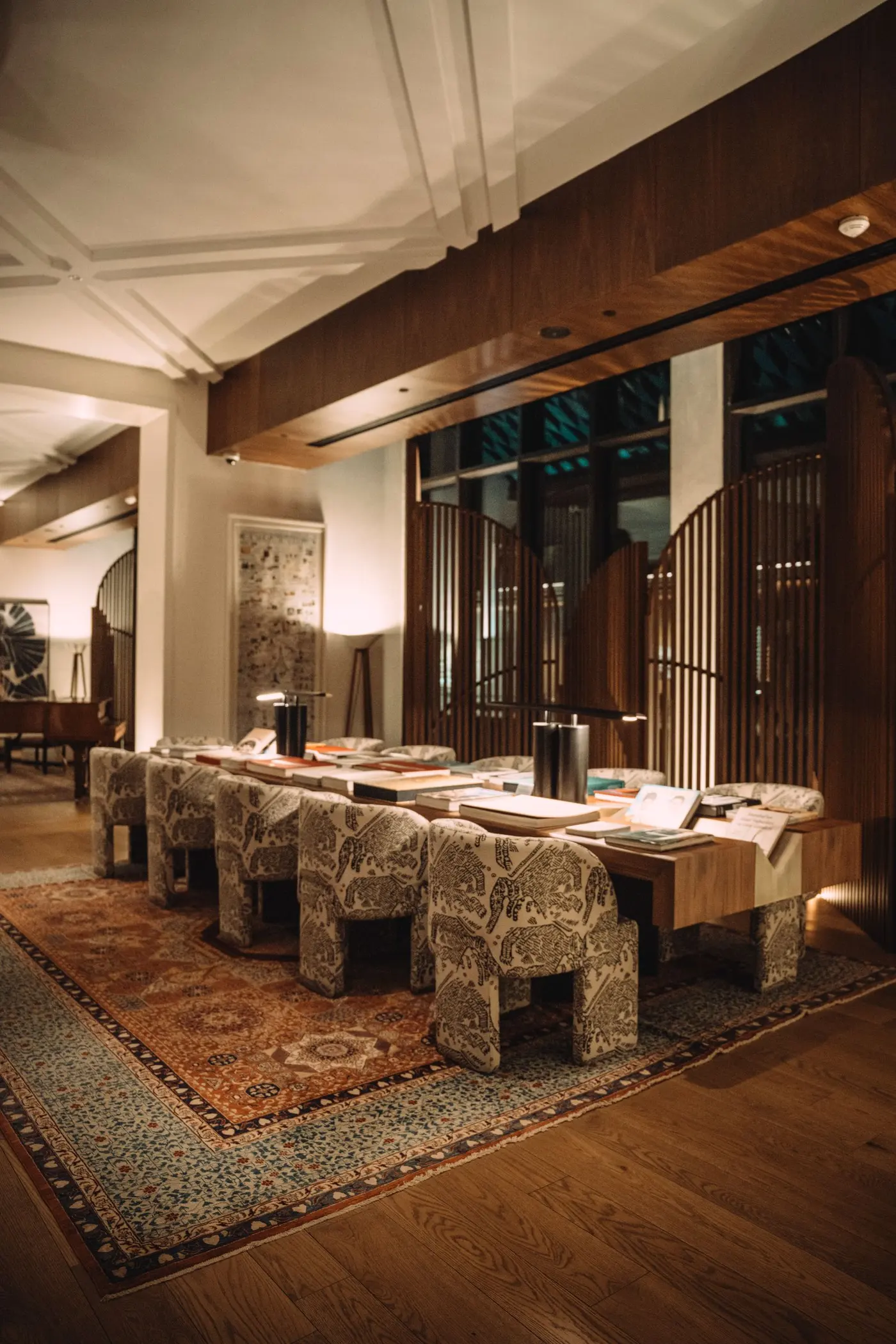 Elegant luxury hotel lobby with warm ambient lighting