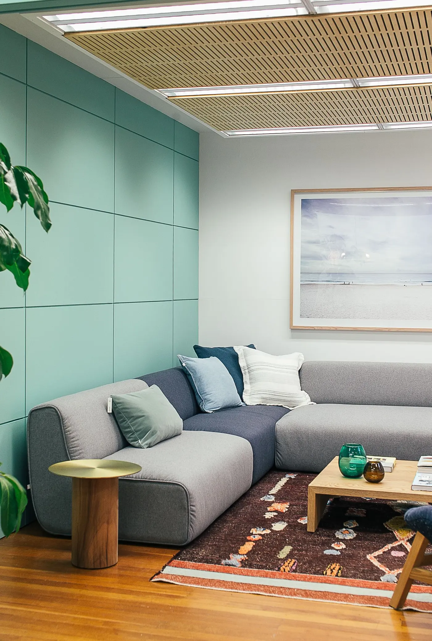 Living room with sofa and patterned area rug