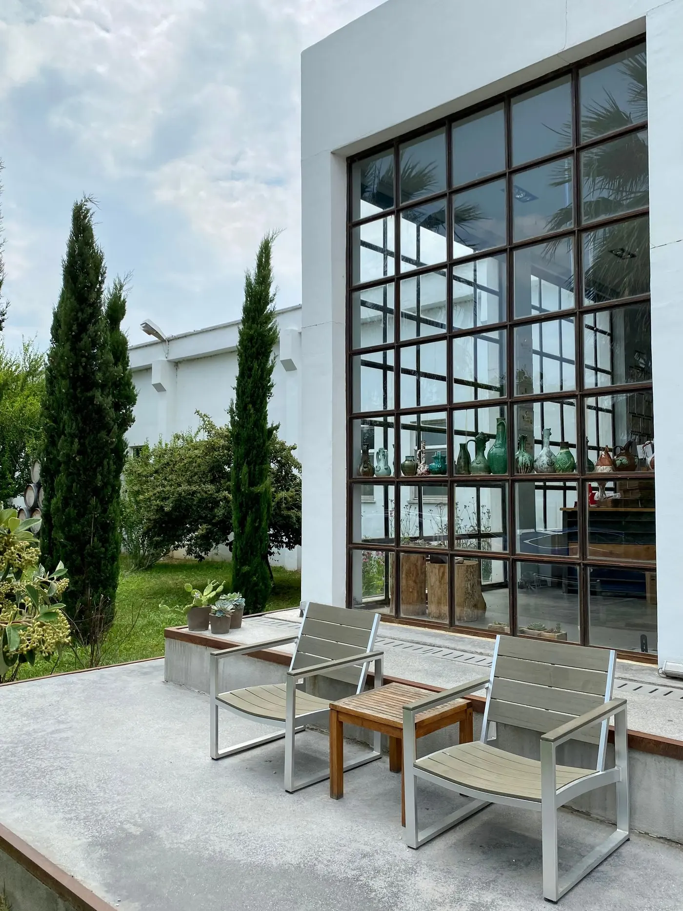 Outdoor patio with wooden furniture