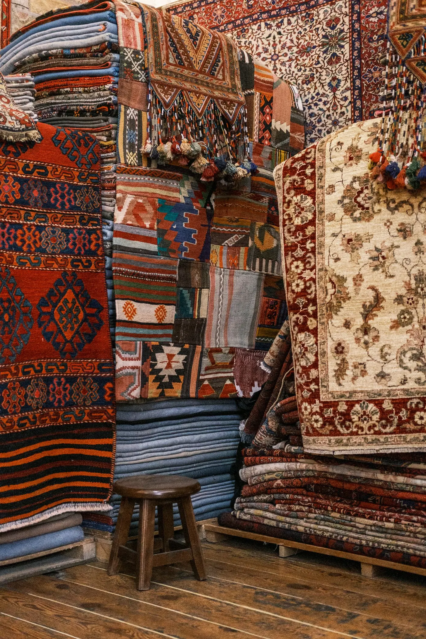 Stacks of traditional handmade carpets and rugs